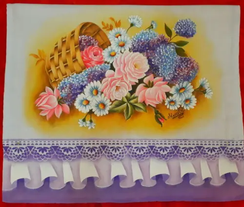 Pano de Copa ou Prato Pintado à Mão - Cesta com Flores