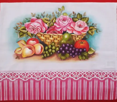 Pano de Copa ou Prato Pintado à Mão - Cesta com Rosa e Fruta