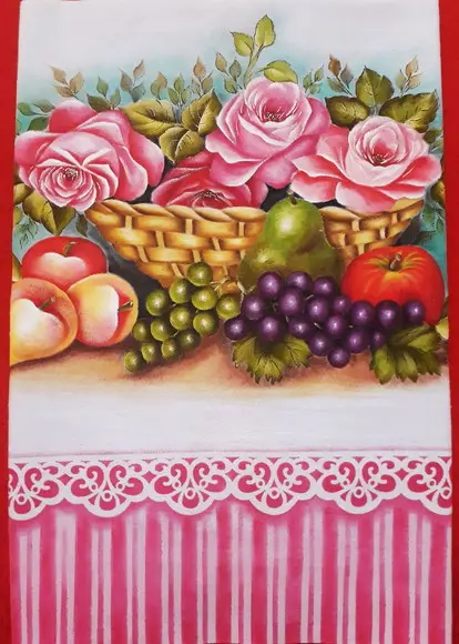Pano de Copa ou Prato Pintado à Mão - Cesta com Rosa e Fruta