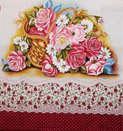 Pano de Copa ou Prato Pintado à Mão - Cesta de Rosas