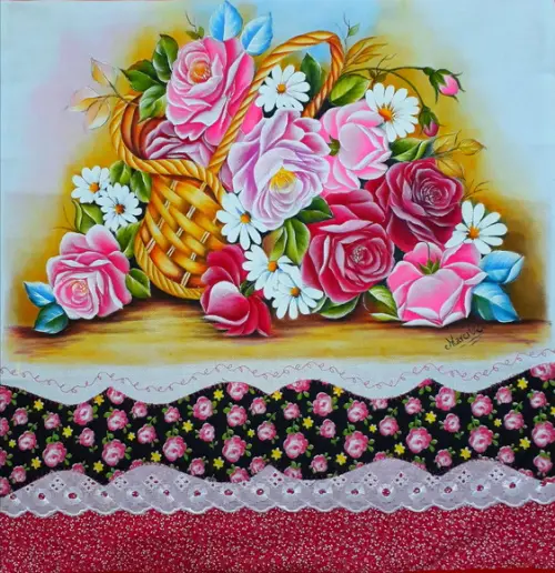 Pano de Copa ou Prato Pintado à Mão - Cesta com Rosas
