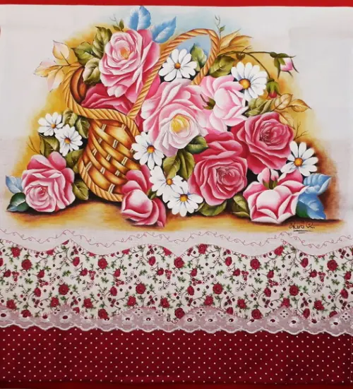 Pano de Copa ou Prato Pintado à Mão - Cesta de Rosas