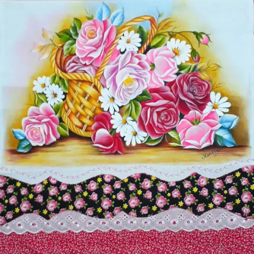 Pano de Copa ou Prato Pintado à Mão - Cesta com Rosas