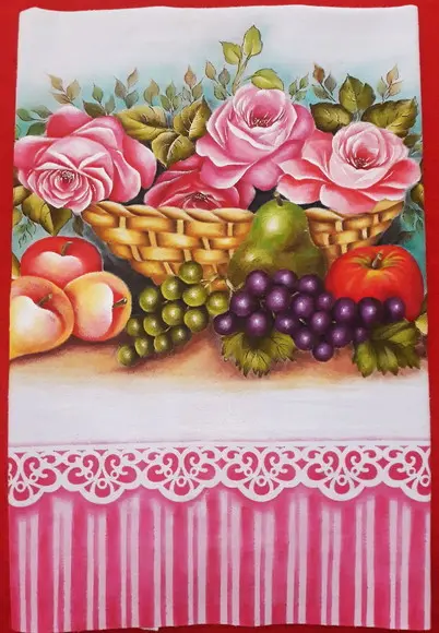 Pano de Copa ou Prato Pintado à Mão - Cesta com Rosa e Fruta