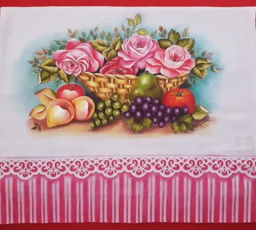 Pano de Copa ou Prato Pintado à Mão - Cesta com Rosa e Fruta