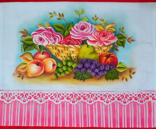 Pano de Copa ou Prato Pintado à Mão - Cesto com Frutas