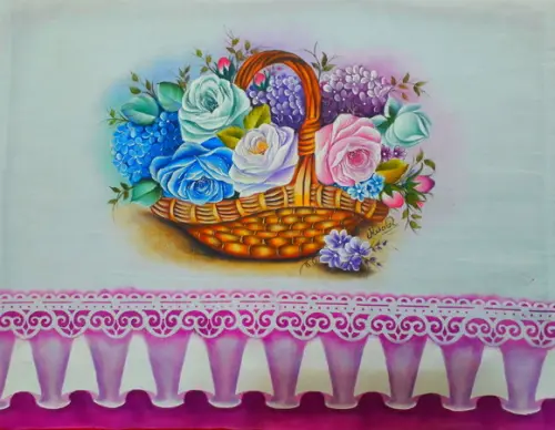 Pano de Copa ou Prato Pintado à Mão - Cesta Rosa e Hortências