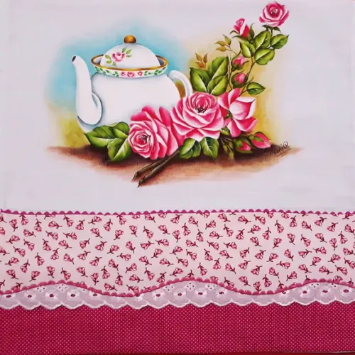 Pano de Copa ou Prato Pintado à Mão - Chaleira e Rosa