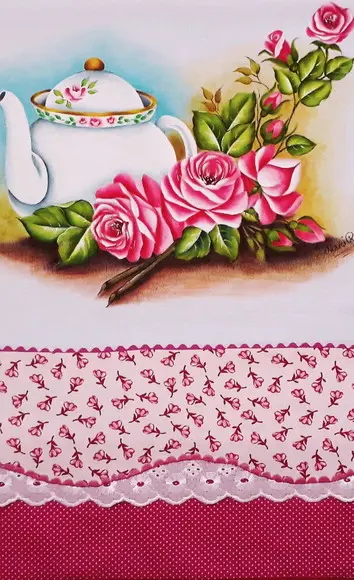 Pano de Copa ou Prato Pintado à Mão - Chaleira e Rosa