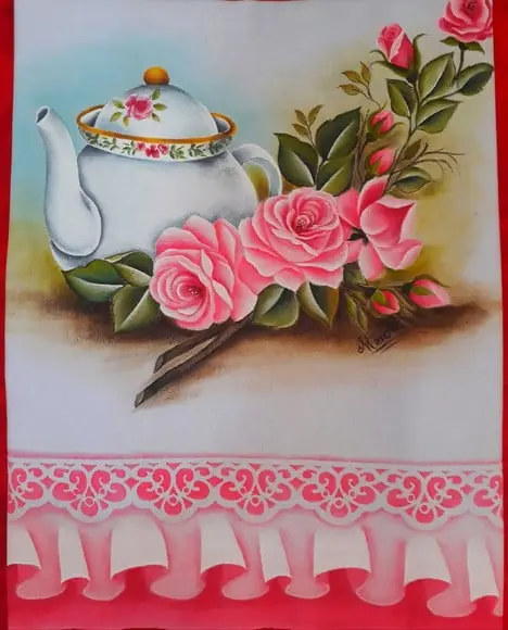 Pano de Copa ou Prato Pintado à Mão - Chaleira e Rosas