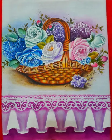 Pano de Copa ou Prato Pintado à Mão - Cesta Rosa e Hortências
