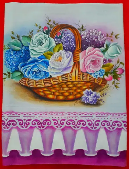 Pano de Copa ou Prato Pintado à Mão - Cesta Rosa e Hortências