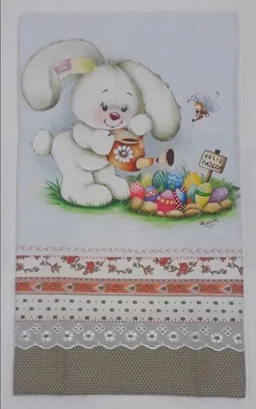 Pano de Copa ou Prato Pintado à Mão - Coelho Feliz Páscoa