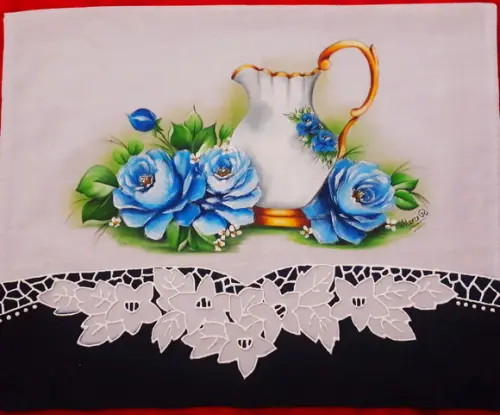 Pano de Copa ou Prato Pintado à Mão - Jarra e Rosas Azuis