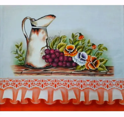 Pano de Copa ou Prato Pintado à Mão - Jarra Uva Amor Perfeito
