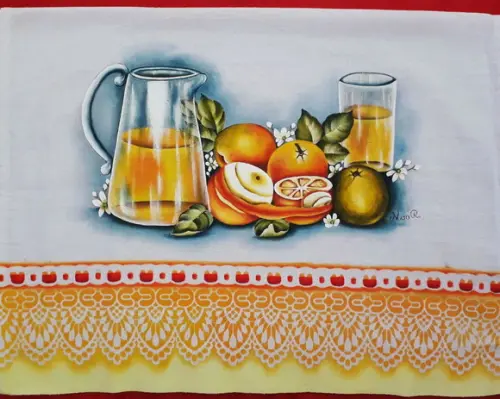 Pano de Copa ou Prato Pintado à Mão - Jarra Suco e Laranjas