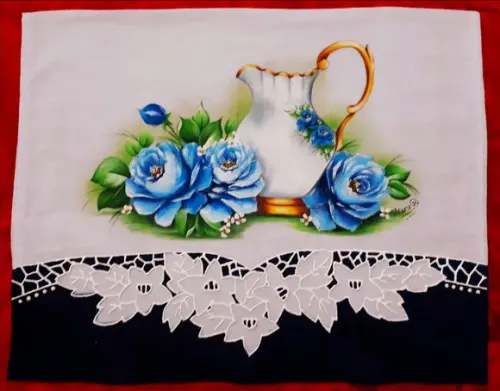 Pano de Copa ou Prato Pintado à Mão - Jarra e Rosas Azuis