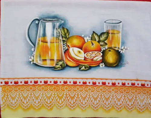 Pano de Copa ou Prato Pintado à Mão - Jarra Suco e Laranjas