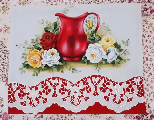 Pano de Copa ou Prato Pintado à Mão - Jarra Vermelha e Rosas
