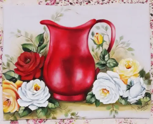 Pano de Copa ou Prato Pintado à Mão - Jarra Vermelha e Rosas