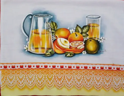 Pano de Copa ou Prato Pintado à Mão - Jarra Suco e Laranjas
