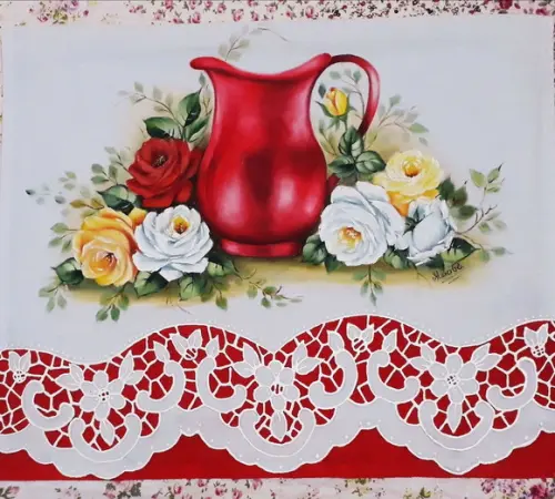 Pano de Copa ou Prato Pintado à Mão - Jarra Vermelha e Rosas