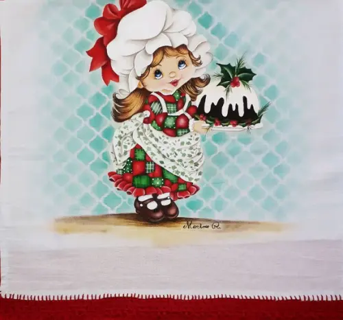 Pano de Copa ou Prato Pintado à Mão - Menina com Bolo