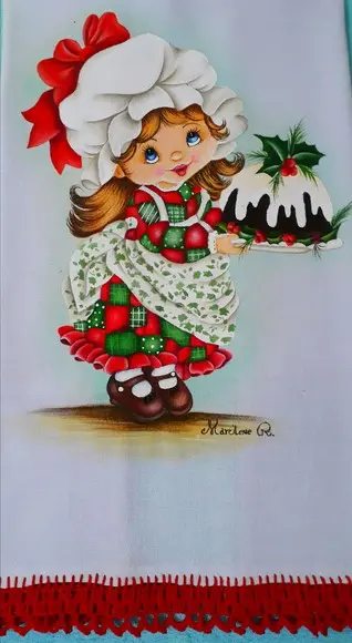 Pano de Copa ou Prato Pintado à Mão - Menina e Bolo