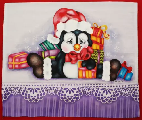 Pano de Copa ou Prato Pintado à Mão - Pingüim com Presentes