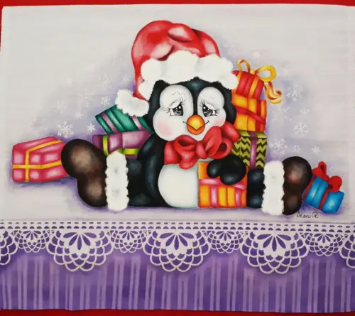 Pano de Copa ou Prato Pintado à Mão - Pingüim com Presentes