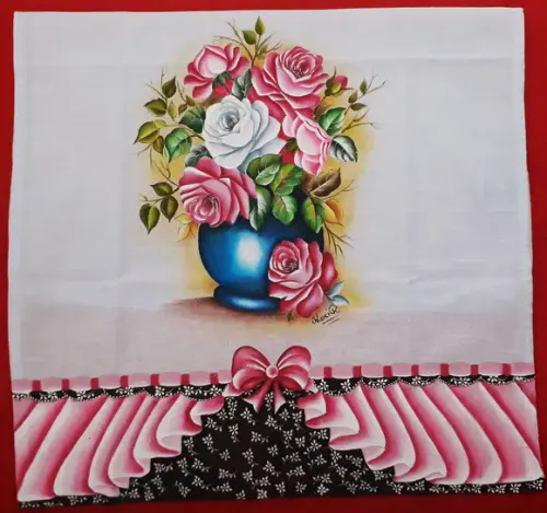 Pano de Copa ou Prato Pintado à Mão - Vaso Azul com Rosas