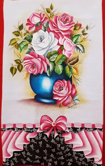 Pano de Copa ou Prato Pintado à Mão - Vaso Azul com Rosas