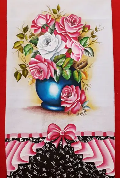 Pano de Copa ou Prato Pintado à Mão - Vaso Azul com Rosas