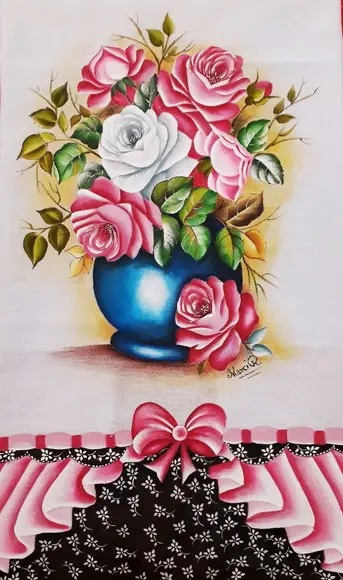 Pano de Copa ou Prato Pintado à Mão - Vaso Azul com Rosas