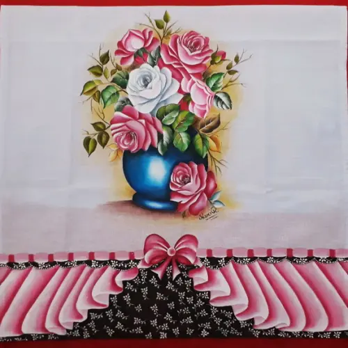 Pano de Copa ou Prato Pintado à Mão - Vaso Azul com Rosas