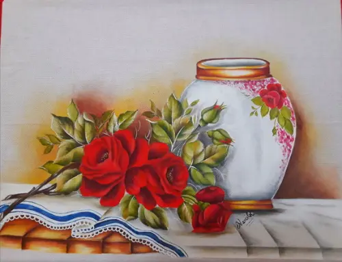 Pano de Copa ou Prato Pintado à Mão - Vaso e Rosas Vermelhas