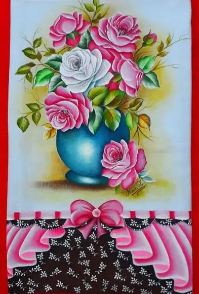 Pano de Copa ou Prato Pintado à Mão - Vaso e Rosas