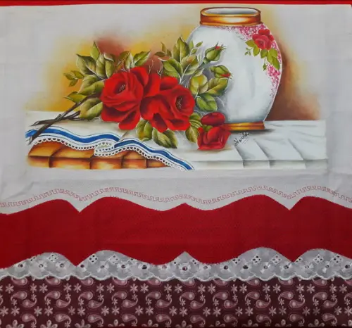 Pano de Copa ou Prato Pintado à Mão - Vaso e Rosas Vermelhas
