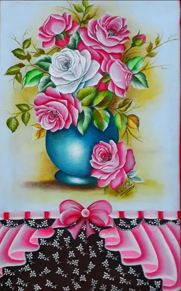 Pano de Copa ou Prato Pintado à Mão - Vaso e Rosas