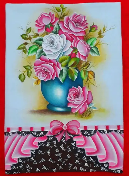 Pano de Copa ou Prato Pintado à Mão - Vaso e Rosas