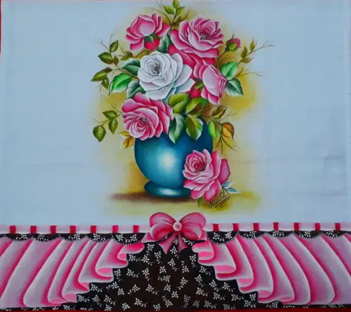 Pano de Copa ou Prato Pintado à Mão - Vaso e Rosas