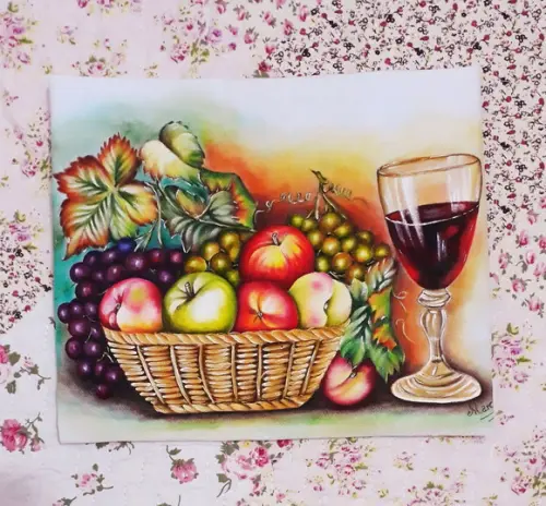 Pano de Copa ou Prato Pintado à Mão - Cesto com Frutas e Vinho