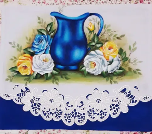 Pano de Copa ou Prato Pintado à Mão-Jarra Azul e Rrosas