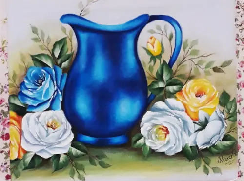 Pano de Copa ou Prato Pintado à Mão-Jarra Azul e Rrosas