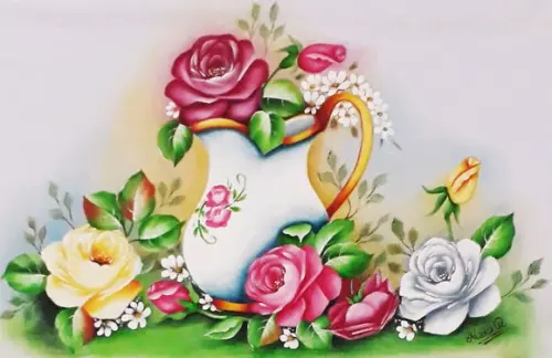 Pano de Copa ou Prato Pintado à Mão - Jarra Branca com Rosas