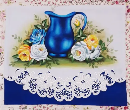 Pano de Copa ou Prato Pintado à Mão-Jarra Azul e Rrosas