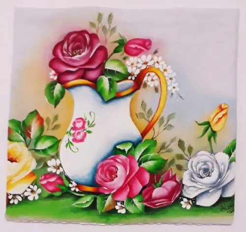 Pano de Copa ou Prato Pintado à Mão - Jarra Branca com Rosas