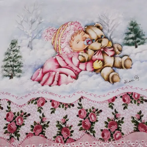 Pano de Copa ou Prato Pintado à Mão - Menina e Ursinho na Neve
