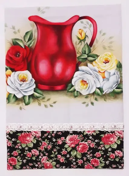Pano de Copa ou Prato Pintado à Mão - Jarra Vermelha e Rosas