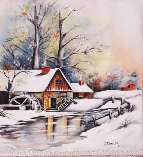 Pano de Copa ou Prato Pintado à Mão - Paisagem com Neve